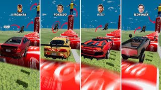 CR7 vs Messi vs Elon Musk vs Iron Man vs CocaCola Road 🚗⚽😱 BeamngDrive [upl. by Eldorado]