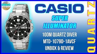 Blinded By The Light  Casio Super Illuminator 100m Quartz Diver MTD1079D1AVCF Unbox amp Review [upl. by Bausch798]