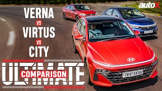 2023 Hyundai Verna vs Volkswagen Virtus vs Honda City  The ULTIMATE Comparison Review  autoX [upl. by Ailes]