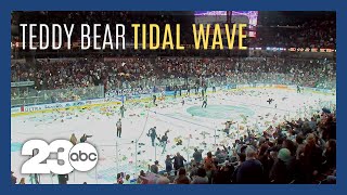 Thousands of teddy bears tossed onto ice during hockey game [upl. by Ayek300]