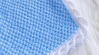 Easy Knit Baby Blanket Pattern with Beautiful and easy Crochet Wave Border LEFT HAND Caleb Blanket [upl. by Leahcim857]