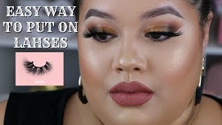 EASY WAY TO PUT ON STRIP LASHES  BADDIE B LASHES  MINK LASHES [upl. by Ebeohp]