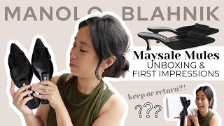 MANOLO BLAHNIK REVIEW  MAYSALE MULES  TryOn Unboxing amp First Impressions  Iconic Designer Shoes [upl. by Yelekreb341]