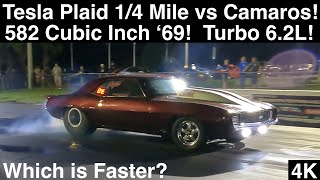 Tesla Plaid 14 Mile vs Camaros Turbo 62L and ’69 582ci Which is Faster Dragstrip Action in 4K [upl. by Neroled237]