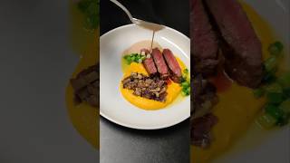 Tender beef served on a carrot puree mushrooms and cream sauce food yummy cooking plating [upl. by Htyderem49]