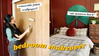 SMALL BEDROOM MAKEOVER  apartment and renterfriendly fabric wallpaper  IKEA hack [upl. by Josey]