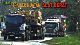 Muatan Alat Besar truk trailer Scania p380 Volvo fmx Udquester mercy actros [upl. by Odnaloy725]