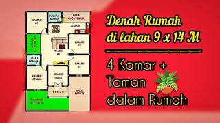 Denah Rumah Lahan 9x14 Meter 4 Kamar Tidur   Taman Minimalis dalam Rumah [upl. by Meerek677]