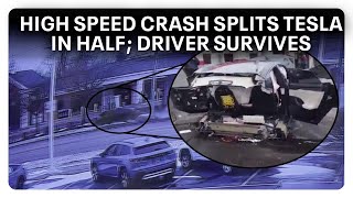 Speeding Tesla crashes splits in half [upl. by Retsek909]