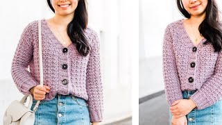 Crochet Chunky Cropped Cardigan with Buttons Free Pattern  Tutorial  For The Frills [upl. by Atnek75]