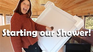 Installing the Shower Pan in our Skoolie  BUS BUILD EPISODE 30 [upl. by Akeirahs158]