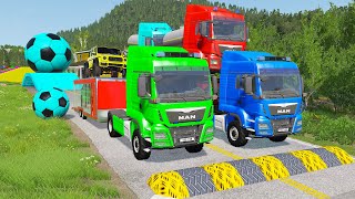 Double Flatbed Trailer Truck vs Speedbumps Train vs Cars  Tractor vs Train BeamngDrive 058 [upl. by Amaty]