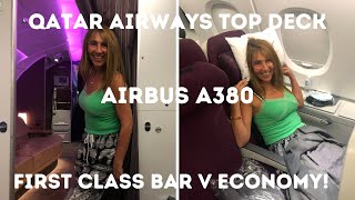 TRIP REPORT QATAR AIRWAYS AIRBUS A380 TOP DECK ECONOMY PEEK AT FIRST CLASS BAR amp ORYX LOUNGE DOHA [upl. by Noiwtna]