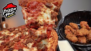 MUKBANG EATING PIZZA HUT CHEESY MEAT LOVERS PIZZA GARLIC PARMESAN CRISPY WINGS ASMR [upl. by Enahs708]