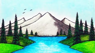 How to Draw Beautiful Mountain Lake  Easy Scenery Drawing [upl. by Tini772]