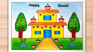 Diwali drawing Diwali chart paper drawing Diwali poster drawing Diwali scenery drawing easy [upl. by Yusuk]