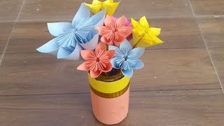 How to make beautiful paper flowers and a flower vase  paper flowers for beginners [upl. by Diego]