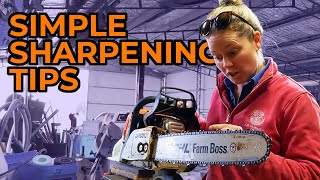 SHARPEN CHAINSAW WITH FILE  STIHL chainsaw sharpening by hand  Farm BOSS MS319 chainsaw [upl. by Aman]