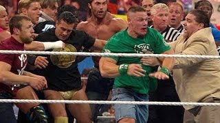 John Cena and Brock Lesnar get into a brawl that clears the entire locker room Raw April 9 2012 [upl. by Osy]