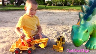 Toy Truck Videos for Kids Excavator Front Loader Dump Truck Driller  Stegasaurus Dinosaur [upl. by Avirt]