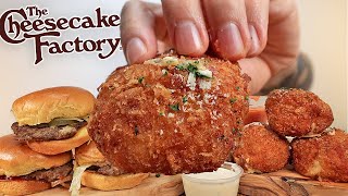 MUKBANG EATING THE CHEESECAKE FACTORY FRIED MAC amp CHEESE BALLS CHEESEBURGER ROLLS SAUCY BURGERS ASMR [upl. by Regor]