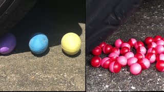 Tire crushing ASMR crushing bath bombs paintballs amp more  credit turdtwig [upl. by Adyht]