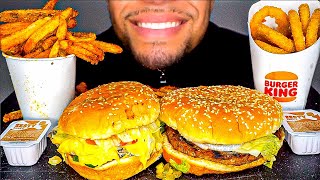 ASMR Five Guys vs Burger King Cheesy BIG BITES Eating Impossible Whopper Onion Rings Fries Mukbang [upl. by Dnesnwot964]