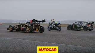 Ariel Atom V8 vs 600bhp rallycross Citroen DS3 vs BMW HP4 superbike drag race  autocarcouk [upl. by Ys627]