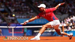 Novak Djokovic glides to drop shot as final against Carlos Alcaraz heats up  Paris Olympics [upl. by Ileak395]