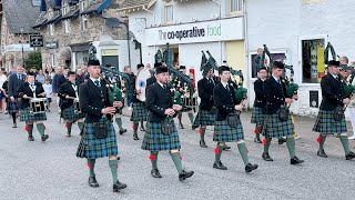 Ballater Pipe Band playing 51st Highland Div on the march through Braemar Scotland in Sept 2023 [upl. by Nimoynib]