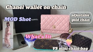 reviewChanel wallet on chainwhats fitcompare to new mini chain bag MOD Shotwoc luxury bag [upl. by Phina]