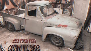 53 f100 crown vic chassis swap pt 7 Steering column test fit amp window colors [upl. by Nawad612]