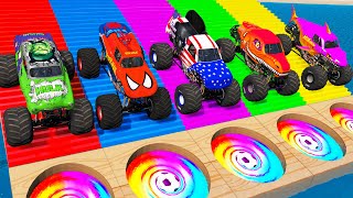 5 Monster Truck Spider Man vs Big amp Small Mcqueen vs Slide Colors  Cars vs Train  BeamNGDrive 6 [upl. by Prud]