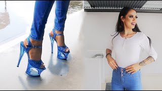 Review Walking In Pleaser Moon710GT Blue Glitter Tinted 7 Inch High Heel Platform Shoes With Rose [upl. by Akihc]