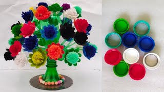 Recycle Waste Plastic Bottle capsDIY Bottle Vase craftBotal ki Dakkan Se Guldasta Banane ki vidhi [upl. by Akenat]