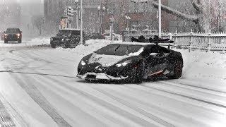 Huracan Performante Drifting in Snow Storm  Snowboarding Behind The Lambo [upl. by Marnia88]