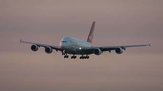 QANTAS A380 QF94 SUPER LANDING RWY34 AT SUNRISRE HOT AIR BALLONS IN BACKGROUND🌞🌞🎈🎈🔥 [upl. by Ivo]