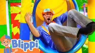 Slide with Blippi at Funtastic Playtorium  Indoor Playground Playing and Learning with Blippi [upl. by Lyontine]