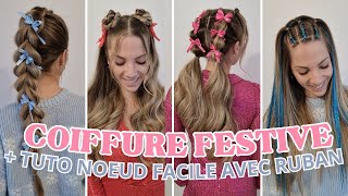 🎀5 COIFFURES FACILES POUR LES FETES AVEC RUBAN 🎀 TUTO NOEUD RAPIDE 🎀 COIFURE RAPIDE NOEL amp NOUVEL AN [upl. by Home]