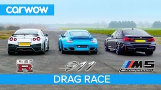 Nissan GTR vs Porsche 911 Turbo vs BMW M5 Comp  £100K DRAG RACE ROLLING RACE amp BRAKE TEST [upl. by Aramac946]