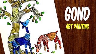 how to draw gond art for beginners  folk art  Indian tribal art painting [upl. by Rehtaeh]