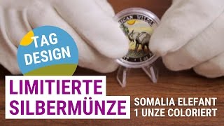 Limitierte SILBERMÜNZE Somalia Elefant quotTagDesignquot 2017 1 Unze Silber coloriert [upl. by Novello]