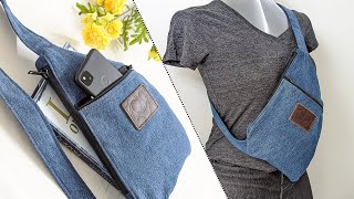 DIY Casual Denim Sling Chest Crossbody Bag Out of Old Jeans  Bag Tutorial  Upcycle Craft [upl. by Samaria]