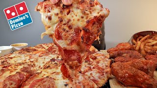 MUKBANG EATING DOMINOS SAUCY PAN PEPPERONI PIZZA BUFFALO WINGS ARBYS CRISPY CURLY FRIES ASMR [upl. by Eycats28]