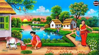 Beautiful Village Landscape Scenery Painting Indian Village Scenery Painting With EarthWatercolor [upl. by Atirac197]