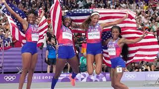 WATCH ShaCarri Richardson and Team USA womens 4x100m relay take the gold at Paris Olympics [upl. by Harrak]