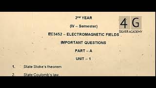 Electromagnetic Fields Important Questions EC3452 2nd Year 4th Semester Engineering [upl. by Nwhas]