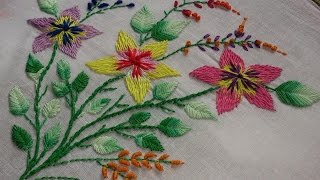 Hand embroidery designs embroidery stitches tutorial romanian stitch flowers and fish bone leaves [upl. by Cordie]