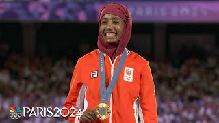 Sifan Hassan takes in medal ceremony after winning women’s marathon gold  Paris Olympics [upl. by Ireland112]