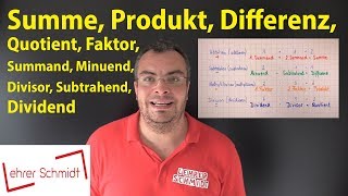 Summand Summe Minuend Subtrahend Differenz Faktor Produkt Dividend Divisor Quotient [upl. by Cristy]